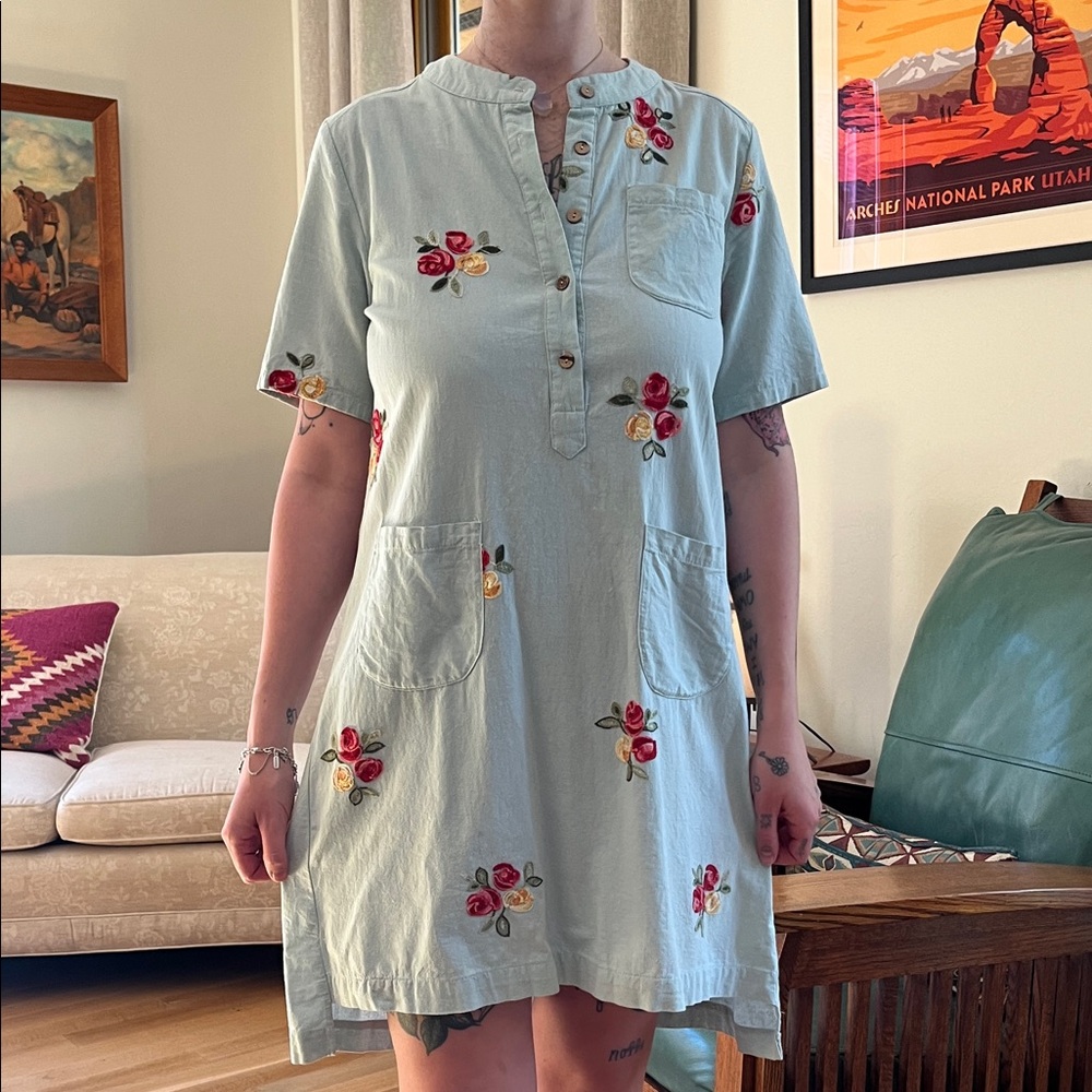 Light Blue Floral Tunic Dress Cotton